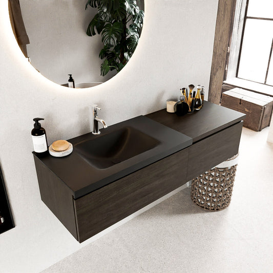 MONDIAZ BUKLA 140cm badmeubel met module 60 kleur Dark Brown met 2 lades. Wastafel CLOUD links 1 kraangat kleur Urban.