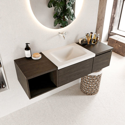 MONDIAZ BUKLA 140cm badmeubel met open module 40 links kleur Dark Brown met 2 lades. Wastafel CLOUD midden 0 kraangaten kleur Talc.