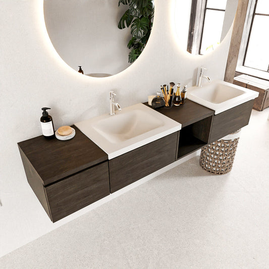 MONDIAZ BUKLA 200cm badmeubel met open module 40 rechts kleur Dark Brown met 3 lades. Wastafel CLOUD dubbel 2 kraangaten kleur Talc.