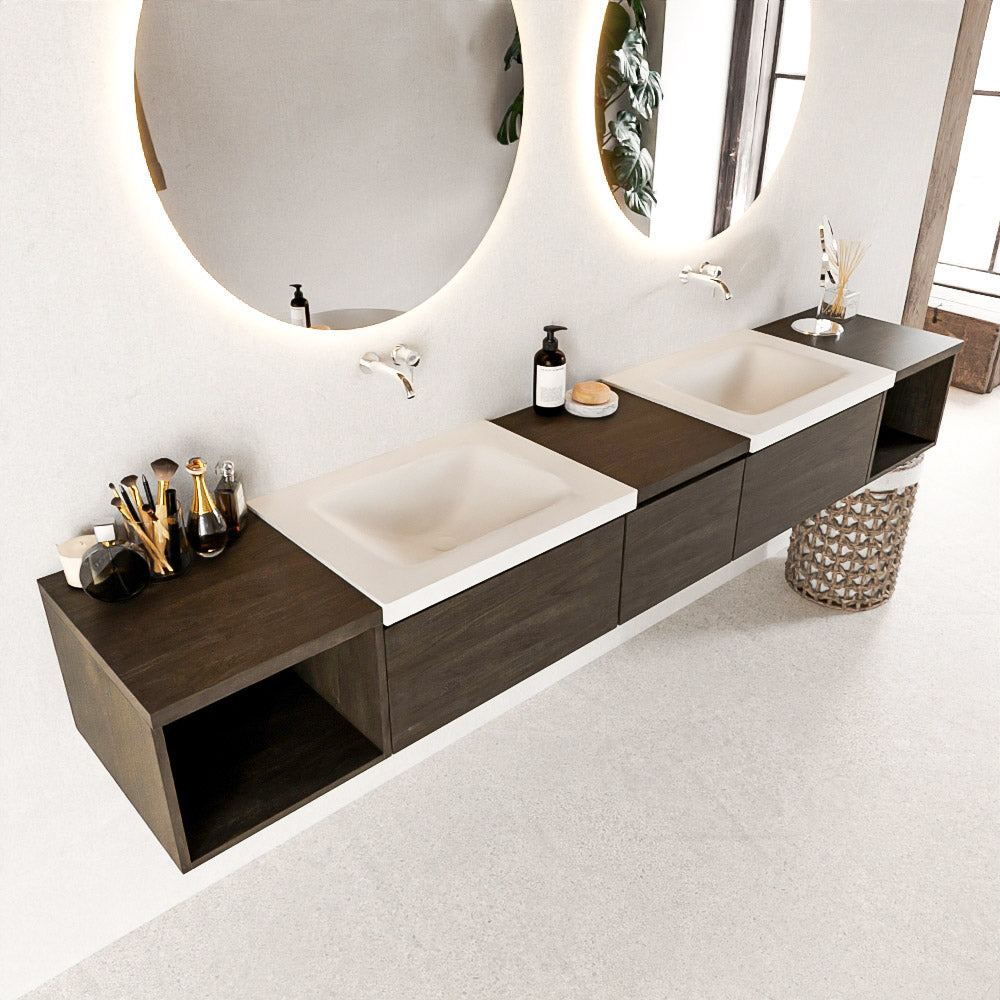 MONDIAZ BUKLA 240cm badmeubel met open module 40 L+R kleur Dark Brown met 3 lades. Wastafel CLOUD dubbel 0 kraangaten kleur Talc.