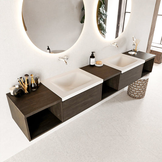 MONDIAZ BUKLA 240cm badmeubel met open module 40 L+M+R kleur Dark Brown met 2 lades. Wastafel CLOUD dubbel 0 kraangaten kleur Talc.