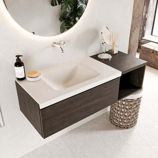 MONDIAZ BUKLA 120cm badmeubel met open module 40 kleur Dark Brown met 1 lade. Wastafel CLOUD links 0 kraangaten kleur Talc.