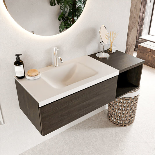 MONDIAZ BUKLA 120cm badmeubel met open module 40 kleur Dark Brown met 1 lade. Wastafel CLOUD links 1 kraangat kleur Talc.