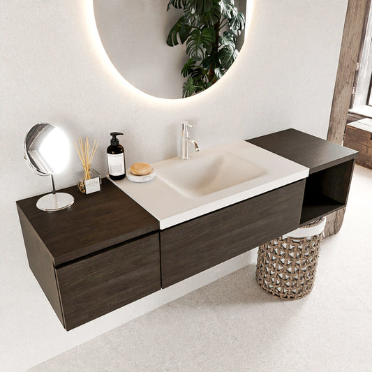 MONDIAZ BUKLA 160cm badmeubel met open module 40 rechts kleur Dark Brown met 2 lades. Wastafel CLOUD midden 1 kraangat kleur Talc.