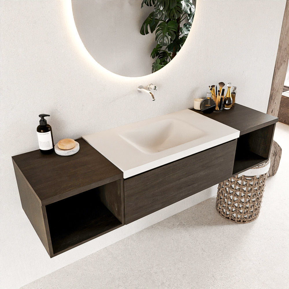 MONDIAZ BUKLA 160cm badmeubel met open module 40 L+R kleur Dark Brown met 1 lades. Wastafel CLOUD midden 0 kraangaten kleur Talc.