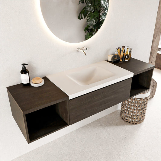MONDIAZ BUKLA 160cm badmeubel met open module 40 L+R kleur Dark Brown met 1 lades. Wastafel CLOUD midden 0 kraangaten kleur Talc.
