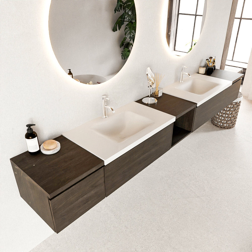 MONDIAZ BUKLA 280cm badmeubel met open module 40 midden kleur Dark Brown met 4 lades. Wastafel CLOUD dubbel 2 kraangaten kleur Talc.