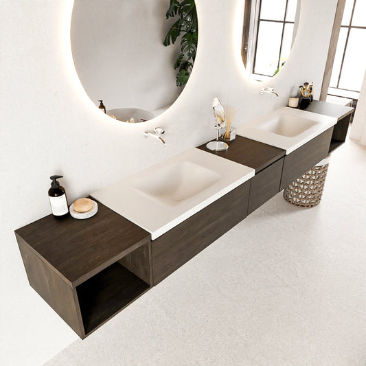 MONDIAZ BUKLA 280cm badmeubel met open module 40 L+R kleur Dark Brown met 3 lades. Wastafel CLOUD dubbel 0 kraangaten kleur Talc.