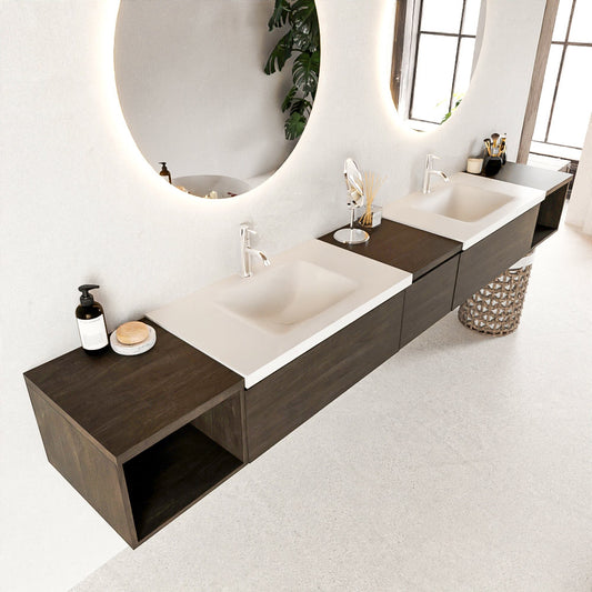 MONDIAZ BUKLA 280cm badmeubel met open module 40 L+R kleur Dark Brown met 3 lades. Wastafel CLOUD dubbel 2 kraangaten kleur Talc.
