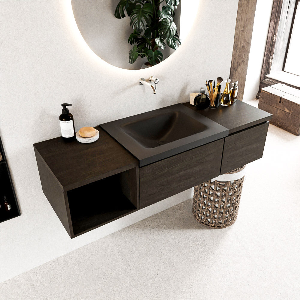 MONDIAZ BUKLA 140cm badmeubel met open module 40 links kleur Dark Brown met 2 lades. Wastafel CLOUD rechts 0 kraangaten kleur Urban.