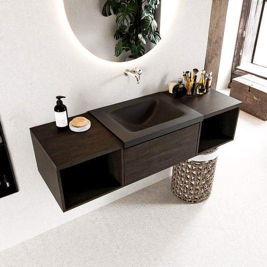 MONDIAZ BUKLA 140cm badmeubel met open module 40 L+R kleur Dark Brown met 1 lade. Wastafel CLOUD midden 0 kraangaten kleur Urban.