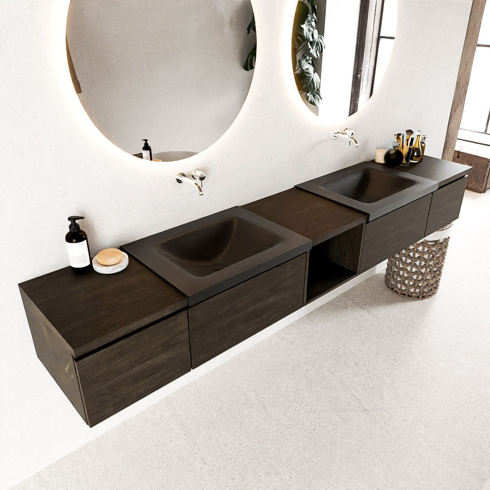 MONDIAZ BUKLA 240cm badmeubel met open module 40 midden kleur Dark Brown met 4 lades. Wastafel CLOUD dubbel 0 kraangaten kleur Urban.