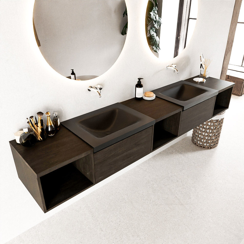 MONDIAZ BUKLA 240cm badmeubel met open module 40 L+M+R kleur Dark Brown met 2 lades. Wastafel CLOUD dubbel 0 kraangaten kleur Urban.
