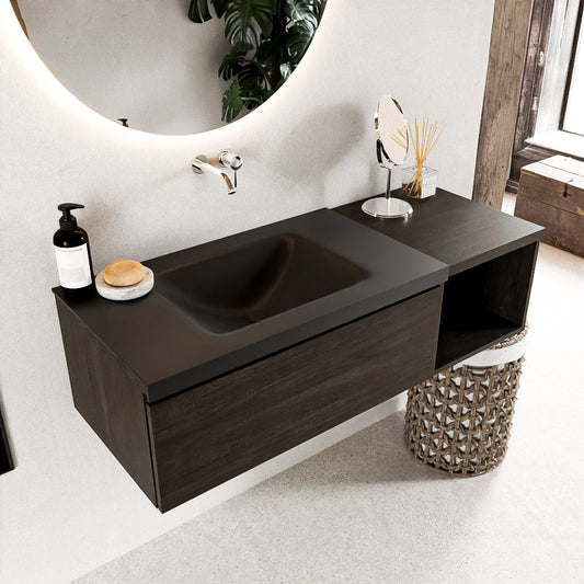 MONDIAZ BUKLA 120cm badmeubel met open module 40 kleur Dark Brown met 1 lade. Wastafel CLOUD links 0 kraangaten kleur Urban.
