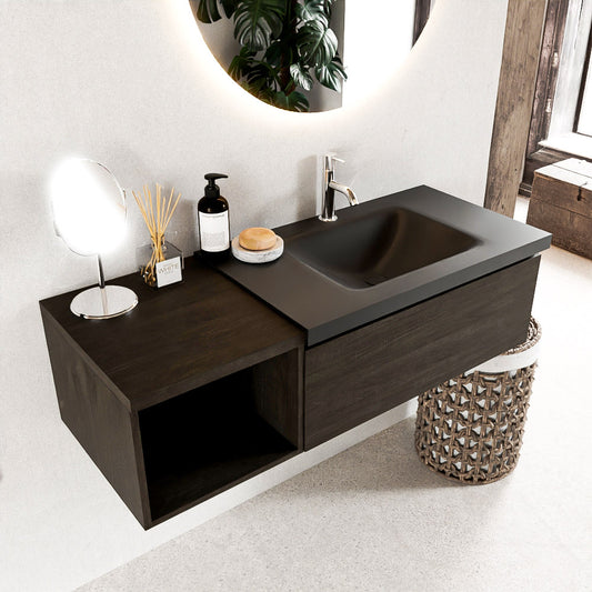 MONDIAZ BUKLA 120cm badmeubel met open module 40 kleur Dark Brown met 1 lade. Wastafel CLOUD rechts 1 kraangat kleur Urban.
