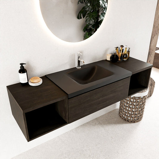 MONDIAZ BUKLA 160cm badmeubel met open module 40 L+R kleur Dark Brown met 1 lade. Wastafel CLOUD midden 1 kraangat kleur Urban.