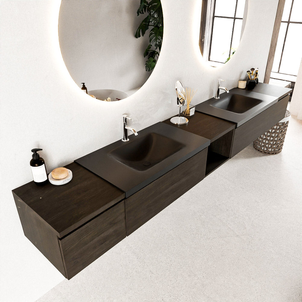 MONDIAZ BUKLA 280cm badmeubel met open module 40 midden kleur Dark Brown met 4 lades. Wastafel CLOUD dubbel 2 kraangaten kleur Urban.