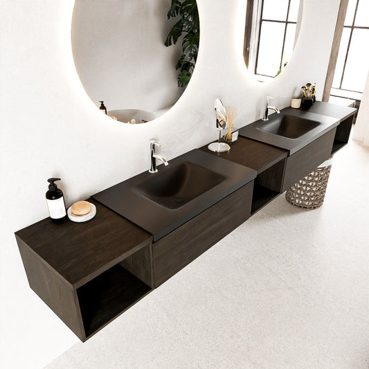 MONDIAZ BUKLA 280cm badmeubel met open module 40 L+M+R kleur Dark Brown met 2 lades. Wastafel CLOUD dubbel 2 kraangaten kleur Urban.