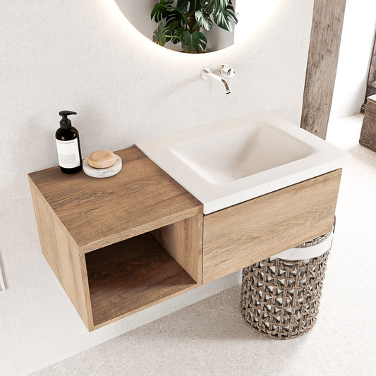 MONDIAZ BUKLA 100cm badmeubel met open module 40 kleur Washed Oak met 1 lade. Wastafel CLOUD rechts 0 kraangaten kleur Talc.