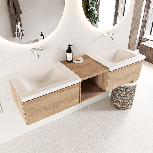 MONDIAZ BUKLA 160cm badmeubel met open module 40 kleur Washed Oak met 2 lades. Wastafel CLOUD dubbel 0 kraangaten kleur Talc.