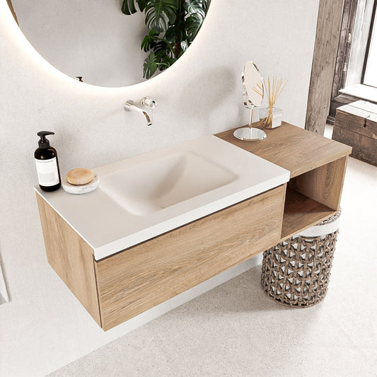 MONDIAZ BUKLA 120cm badmeubel met open module 40 kleur Washed Oak met 1 lade. Wastafel CLOUD links 0 kraangaten kleur Talc.