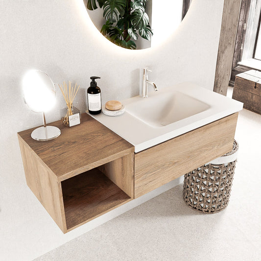 MONDIAZ BUKLA 120cm badmeubel met open module 40 kleur Washed Oak met 1 lade. Wastafel CLOUD rechts 1 kraangat kleur Talc.