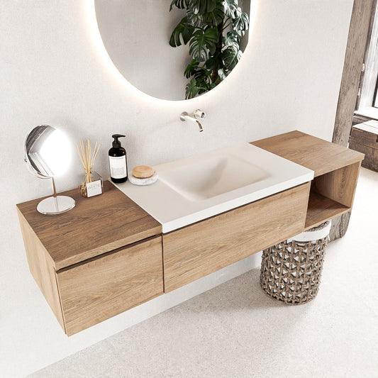 MONDIAZ BUKLA 160cm badmeubel met open module 40 rechts kleur Washed Oak met 2 lades. Wastafel CLOUD midden 0 kraangaten kleur Talc.