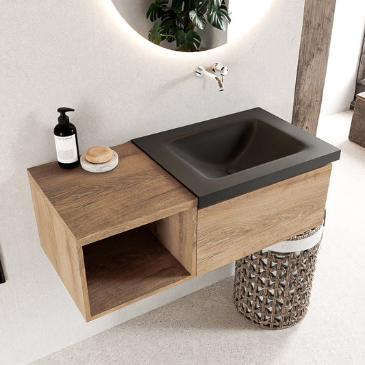 MONDIAZ BUKLA 100cm badmeubel met open module 40 kleur Washed Oak met 1 lade. Wastafel CLOUD rechts 0 kraangaten kleur Urban.