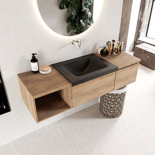 MONDIAZ BUKLA 140cm badmeubel met open module 40 links kleur Washed Oak met 2 lades. Wastafel CLOUD midden 0 kraangaten kleur Urban.