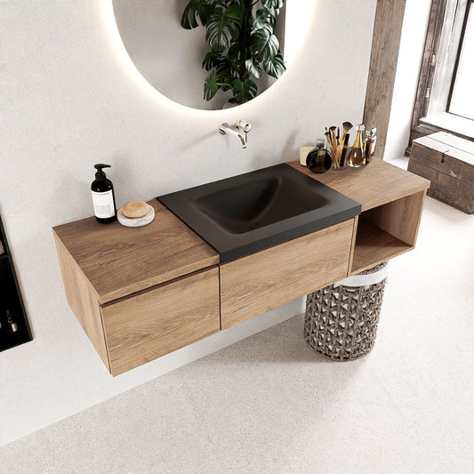 MONDIAZ BUKLA 140cm badmeubel met open module 40 rechts kleur Washed Oak met 2 lades. Wastafel CLOUD midden 0 kraangaten kleur Urban.