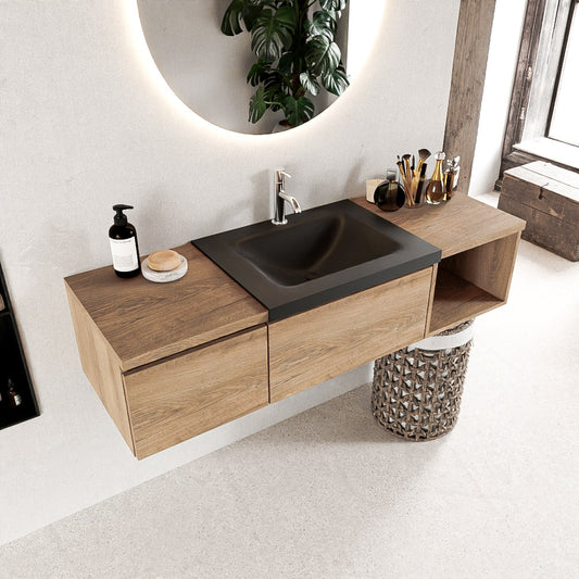 MONDIAZ BUKLA 140cm badmeubel met open module 40 rechts kleur Washed Oak met 2 lades. Wastafel CLOUD midden 1 kraangat kleur Urban.