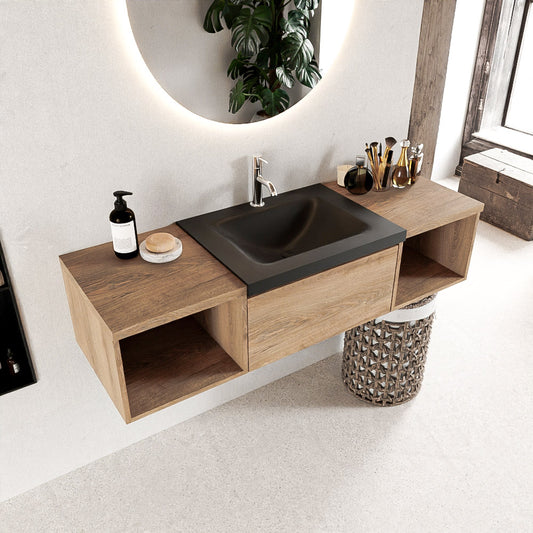 MONDIAZ BUKLA 140cm badmeubel met open module 40 L+R kleur Washed Oak met 1 lade. Wastafel CLOUD midden 1 kraangat kleur Urban.