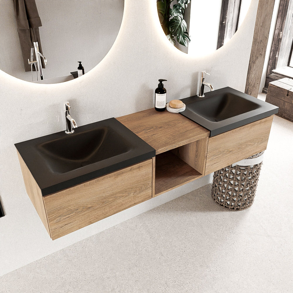 MONDIAZ BUKLA 160cm badmeubel met open module 40 kleur Washed Oak met 2 lades. Wastafel CLOUD dubbel 2 kraangaten kleur Urban.