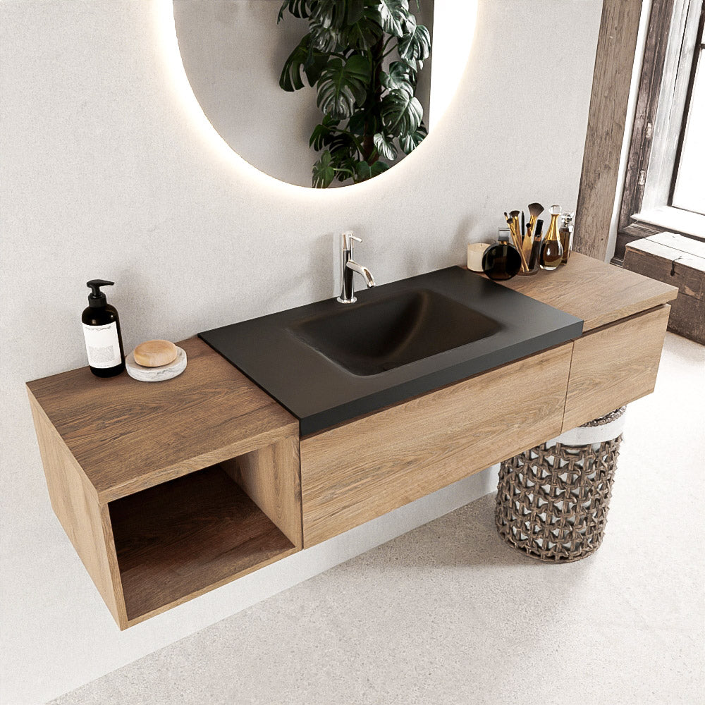 MONDIAZ BUKLA 160cm badmeubel met open module 40 links kleur Washed Oak met 2 lades. Wastafel CLOUD midden 1 kraangat kleur Urban.