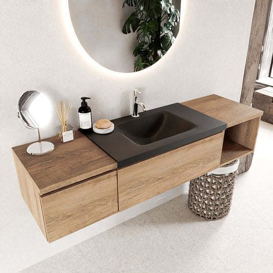 MONDIAZ BUKLA 160cm badmeubel met open module 40 rechts kleur Washed Oak met 2 lades. Wastafel CLOUD midden 1 kraangat kleur Urban.