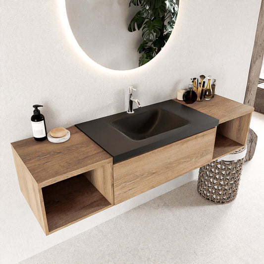 MONDIAZ BUKLA 160cm badmeubel met open module 40 L+R kleur Washed Oak met 1 lades. Wastafel CLOUD midden 1 kraangat kleur Urban.