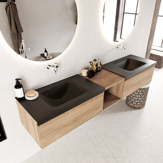 MONDIAZ BUKLA 200cm badmeubel met open module 40 kleur Washed Oak met 2 lades. Wastafel CLOUD dubbel 0 kraangaten kleur Urban.