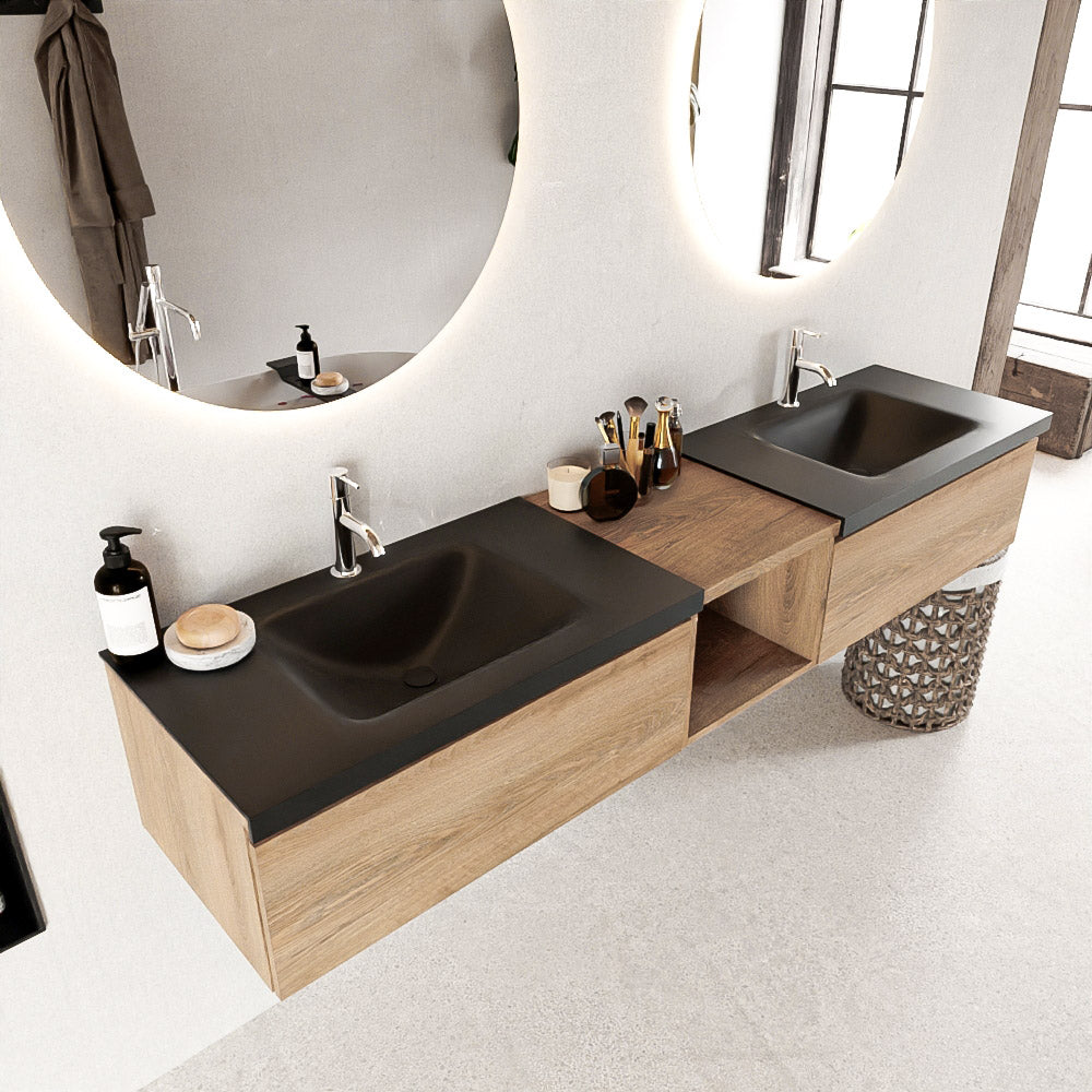MONDIAZ BUKLA 200cm badmeubel met open module 40 kleur Washed Oak met 2 lades. Wastafel CLOUD dubbel 2 kraangaten kleur Urban.