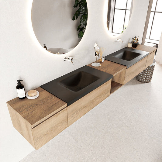 MONDIAZ BUKLA 280cm badmeubel met open module 40 midden kleur Washed Oak met 4 lades. Wastafel CLOUD dubbel 0 kraangaten kleur Urban.
