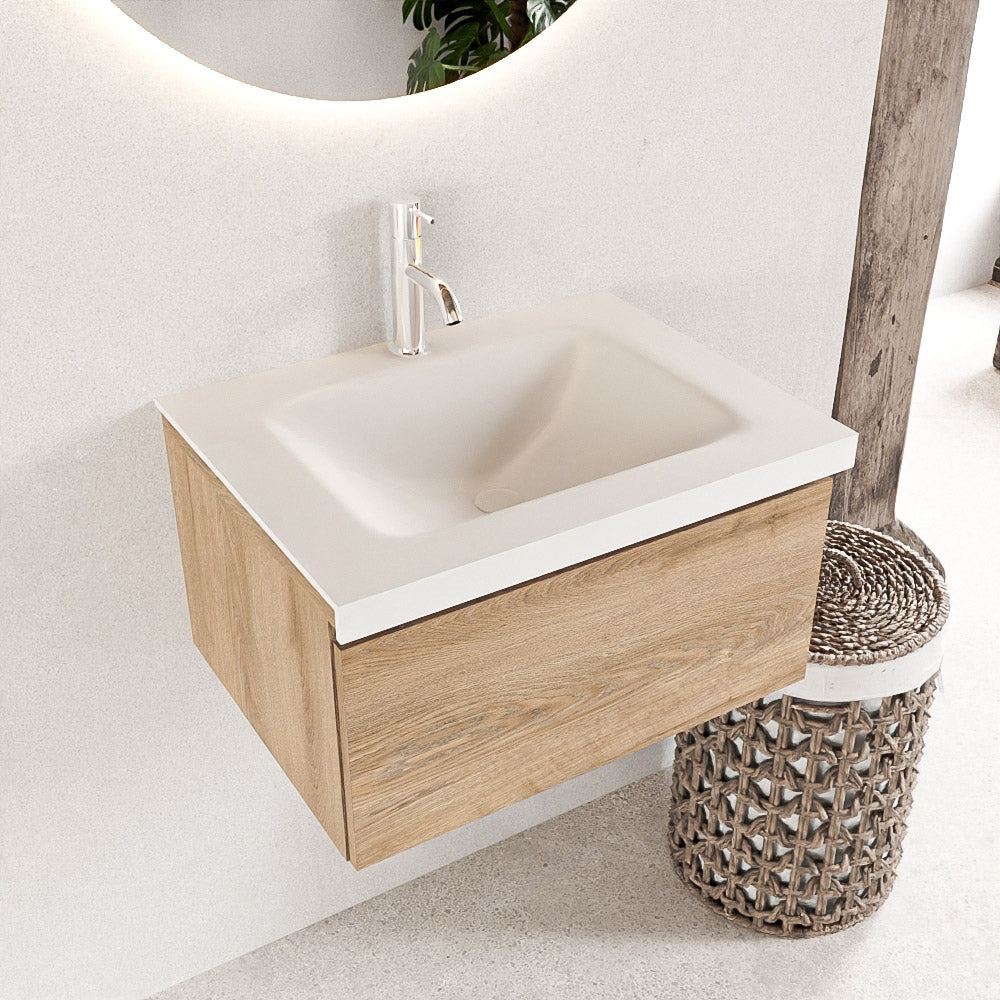 MONDIAZ BUKLA 60cm badmeubel modulair kleur Washed Oak met 1 lade. Wastafel CLOUD midden 1 kraangat kleur Talc.
