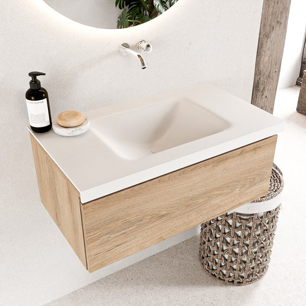 MONDIAZ BUKLA 80cm badmeubel modulair kleur Washed Oak met 1 lade. Wastafel CLOUD midden 0 kraangaten kleur Talc.