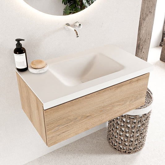 MONDIAZ BUKLA 80cm badmeubel modulair kleur Washed Oak met 1 lade. Wastafel CLOUD midden 0 kraangaten kleur Talc.
