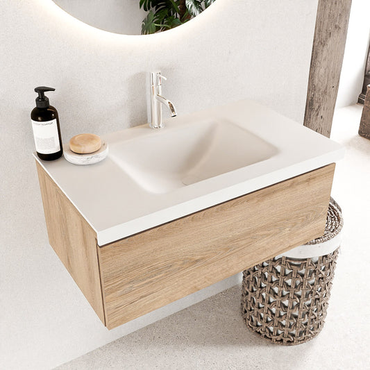MONDIAZ BUKLA 80cm badmeubel modulair kleur Washed Oak met 1 lade. Wastafel CLOUD midden 1 kraangat kleur Talc.