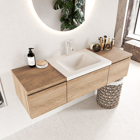 MONDIAZ BUKLA 140cm badmeubel met module 40 kleur Washed Oak met 3 lades. Wastafel CLOUD midden 1 kraangat kleur Talc.