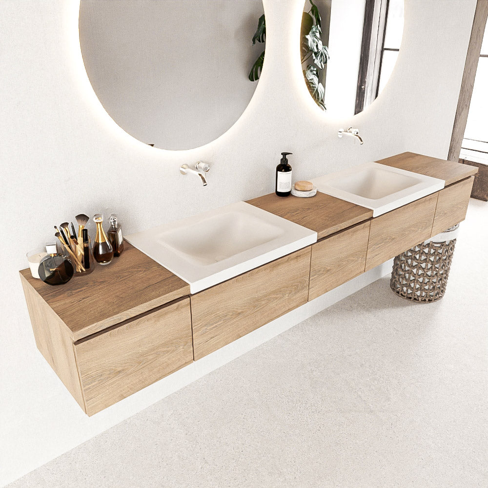 MONDIAZ BUKLA 240cm badmeubel met module 40 kleur Washed Oak met 5 lades. Wastafel CLOUD dubbel 0 kraangaten kleur Talc.