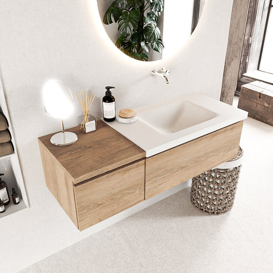 MONDIAZ BUKLA 120cm badmeubel met module 40 kleur Washed Oak met 2 lades. Wastafel CLOUD rechts 0 kraangaten kleur Talc.