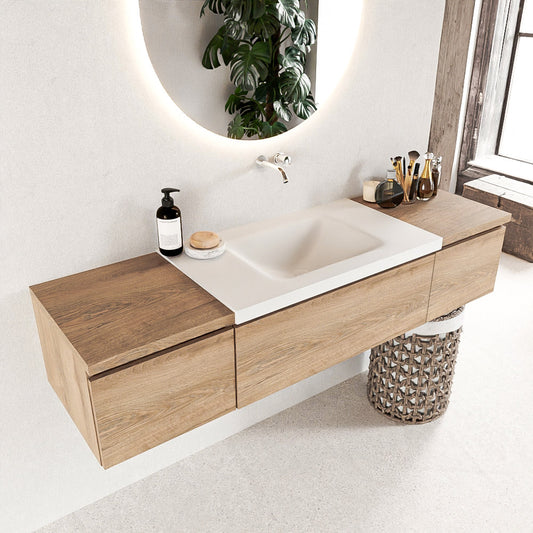 MONDIAZ BUKLA 160cm badmeubel met module 40 kleur Washed Oak met 3 lades. Wastafel CLOUD midden 0 kraangaten kleur Talc.
