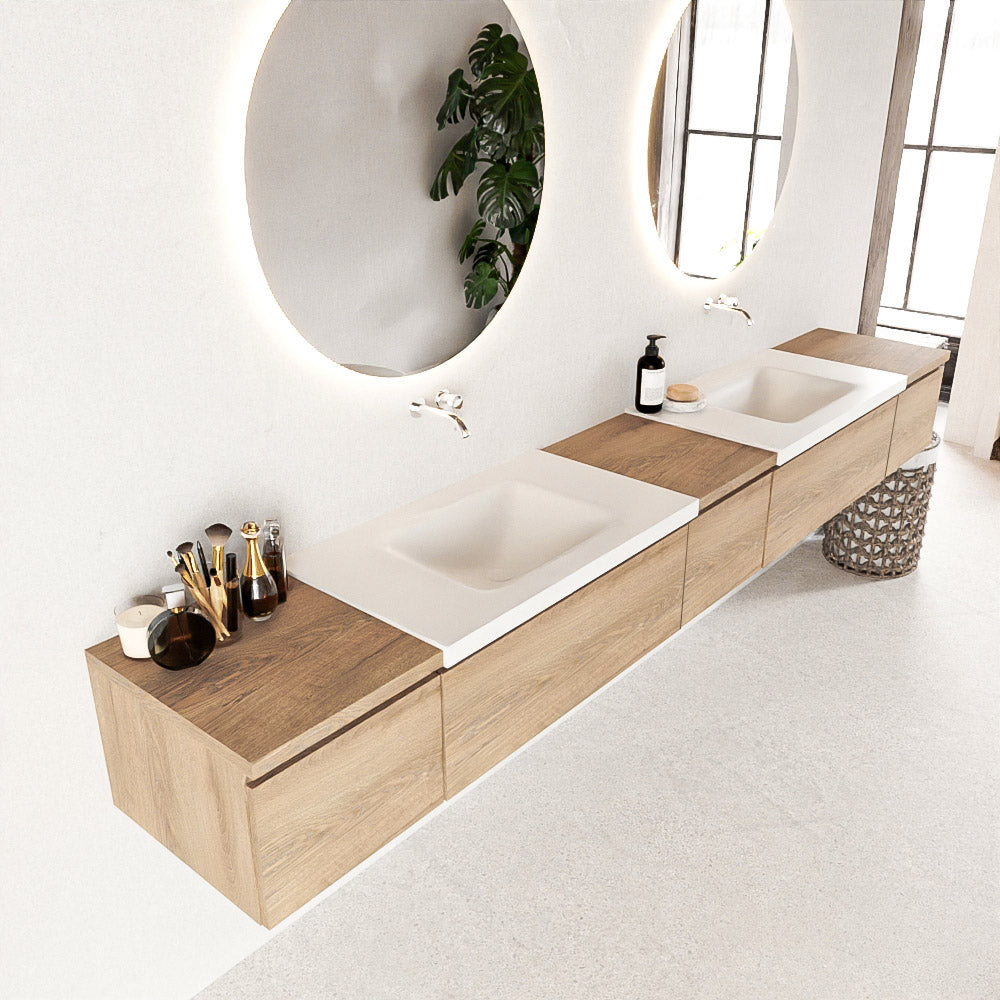 MONDIAZ BUKLA 280cm badmeubel met module 40 kleur Washed Oak met 5 lades. Wastafel CLOUD dubbel 0 kraangaten kleur Talc.