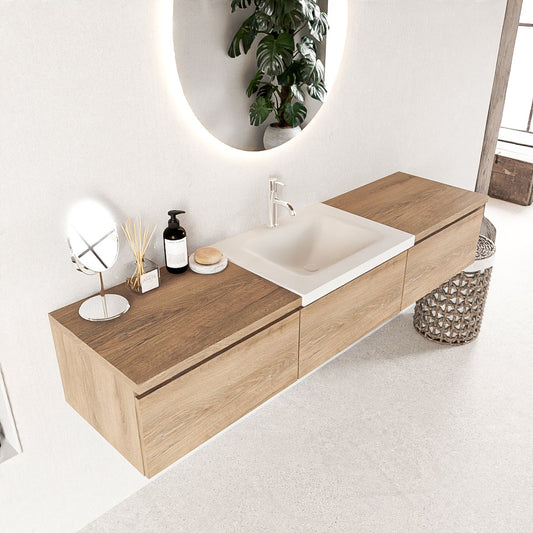 MONDIAZ BUKLA 180cm badmeubel met module 60 kleur Washed Oak met 3 lades. Wastafel CLOUD midden 1 kraangat kleur Talc.