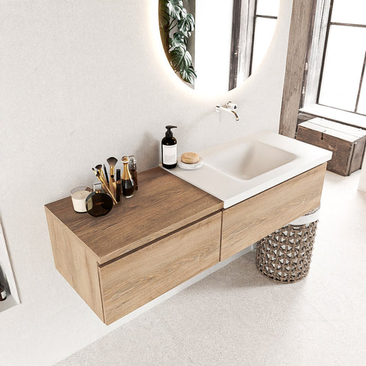 MONDIAZ BUKLA 140cm badmeubel met module 60 kleur Washed Oak met 2 lades. Wastafel CLOUD rechts 0 kraangaten kleur Talc.